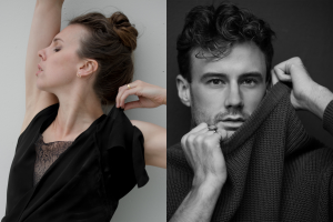 Ballet BC Artists in Residence Alexis Fletcher (colour headshot, left) and Peter Smida (greyscale headshot, right).